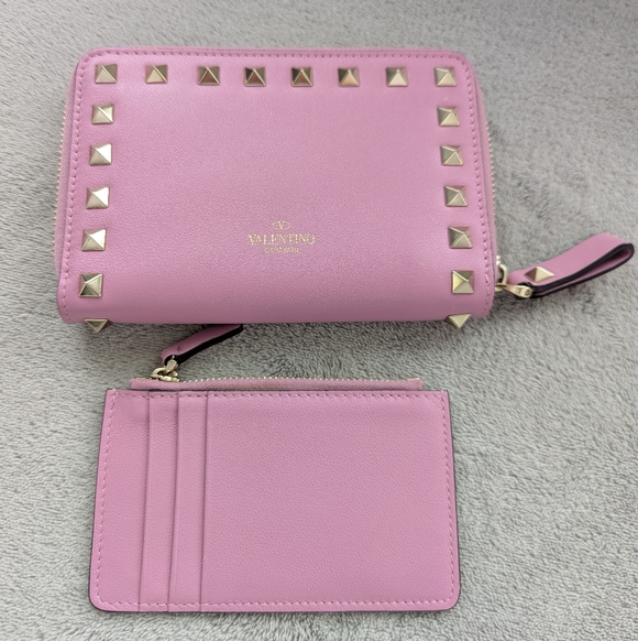 2 Piece! Valentino Garavani Rockstud Purple - Pink Wallet and Card Holder - Picture 3 of 16